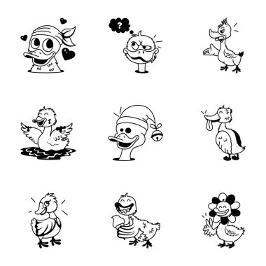 Çizgi film karakterlerinin vektör kümesi. siyah ve beyaz 