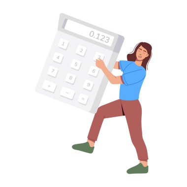 Hesap makinesi simgesine sahip kadın beyaz arkaplanda izole edildi