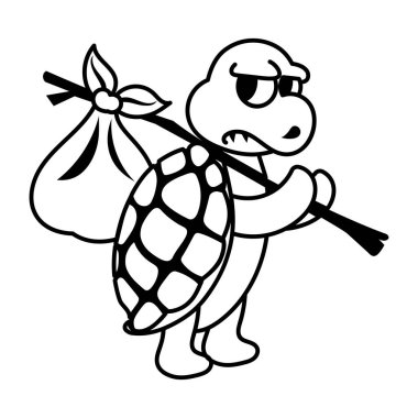 Çantalı şirin karikatür kaplumbağası, siyah beyaz resimli. 