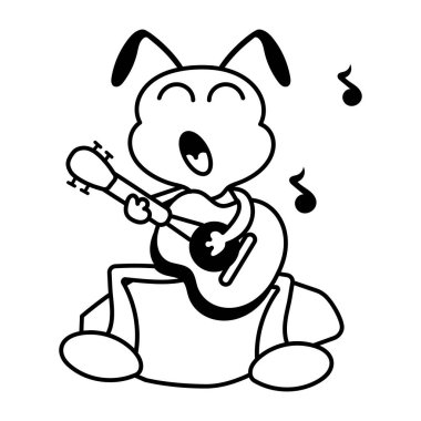 Gitar çalan sevimli böcek, beyaz arka plandaki çocuklar için siyah beyaz çizgi film boyama kitabı. 