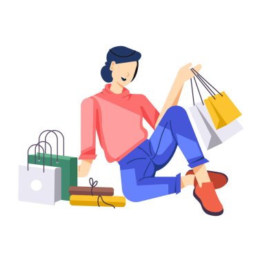 Alışveriş torbalı mutlu kadın, online alışveriş konsepti. 
