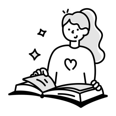 Kitap vektörü çizimi grafik tasarımlı genç mutlu kız çizgi filmi