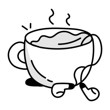 El çizimi bir fincan çay ve kulaklık karalaması