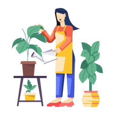 Ev bitkileri olan kadın, düz vektör çizimi