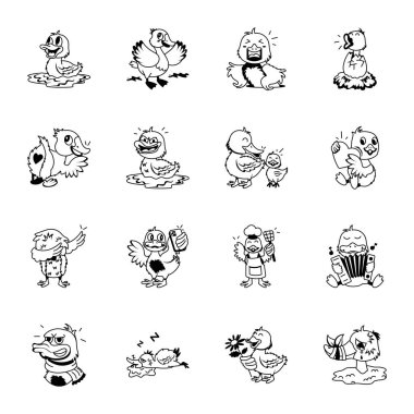 Çizgi film karakterlerinin vektör kümesi. siyah ve beyaz 