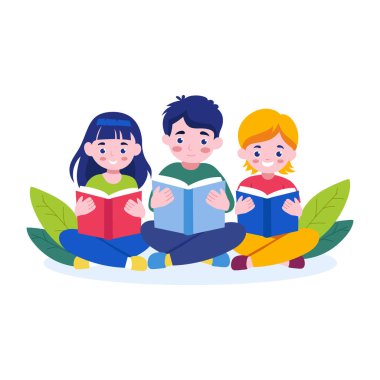 Çocuklar kitap okuyor, düz bir resim çiziyor. 