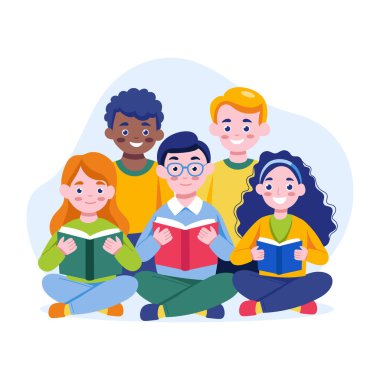 Çocuklar kitap okuyor, düz bir resim çiziyor. 