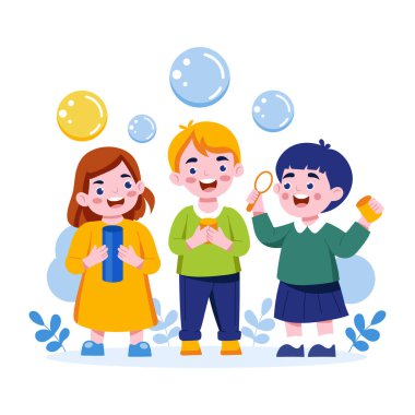 Çocuklar baloncuk üflüyor, düz bir resim. 