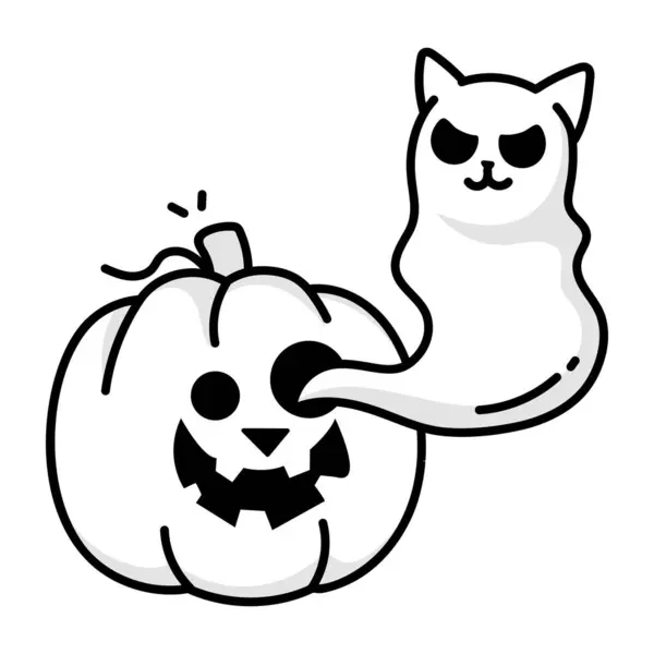 A drawing style icon of a spooky pumpkin with ghost cat — Illustration Drawing Style Icon Spooky Pumpkin Ghost Cat — Stock Vector