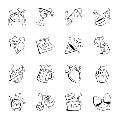 Doodle Stili Yeni Yıl Simgeleri Koleksiyonu 