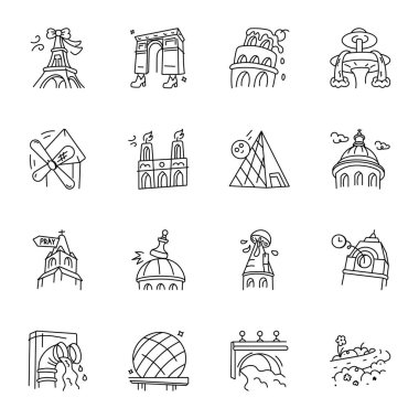 Collection of Doodle Style Paris Landmarks Icons  clipart