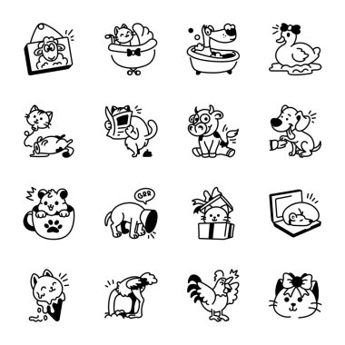Hayvan Aksesuarları Koleksiyonu Doodle Simgeleri 