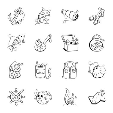 Doodle Stili Balıkçılık Aksesuarları Paketi 