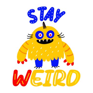 Garip tipografisi olan bir çizgi film karakterinin düz çıkartması. 