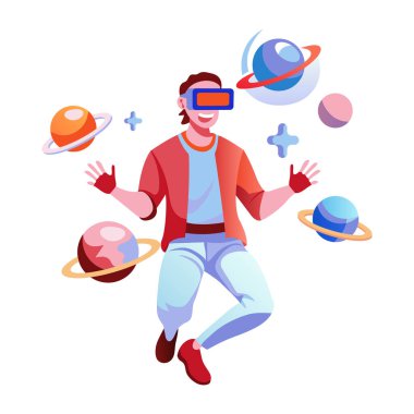 Sanal gerçeklik gözlüğü takan bir karakterin düz bir çizimi. 