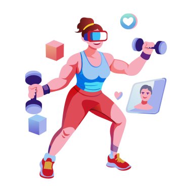 VR fitness gözlüğü takan bir kadının düz bir resmi. 
