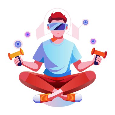 VR oyun gözlüğü takan bir karakterin düz bir çizimi 