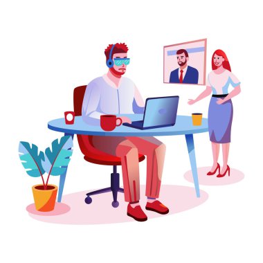 Uzaktan çalışan bir adamın düz bir çizimi. 