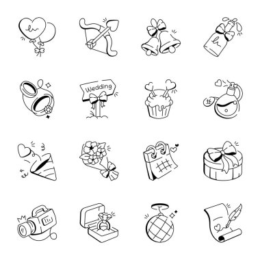 16 Düğün Aksesuarı Paketi Doodle Simgeleri 