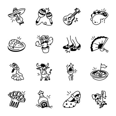 El Çizimi İspanyol Doodle Simgeleri Koleksiyonu 