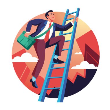 Hırslı bir çalışan merdivene tırmanıyor, düz çizimler yapıyor. 