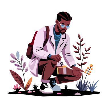 A flat illustration of a botanist checking plants  clipart