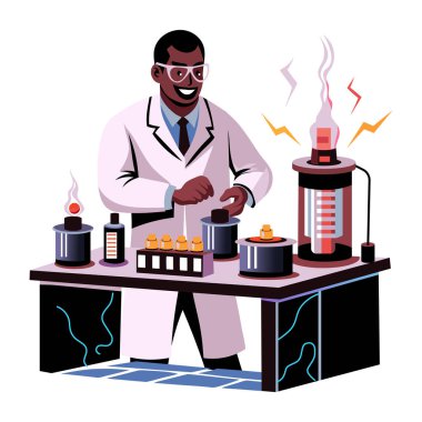 Bir laboratuarda çalışan elektrokimyagerin düz bir çizimi. 