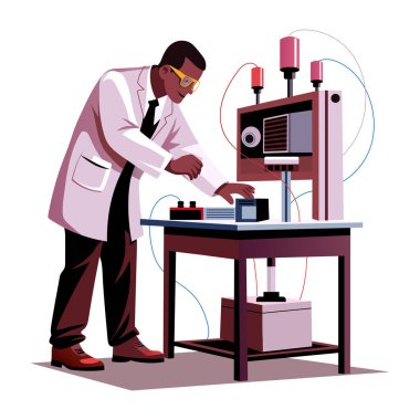Bilim adamı laboratuvar illüstrasyonunda düz bir şekilde aygıt tamir ediyor. 