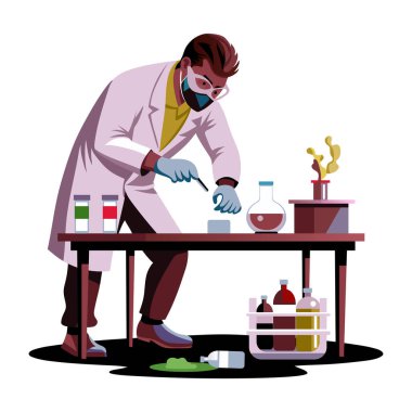 Laboratuvarda uyuşturucu üreten adli tıp kimyagerinin düz bir çizimi. 