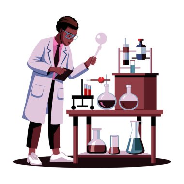 Laboratuvarda çalışan bir laboratuvar asistanının düz bir çizimi. 