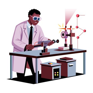 Bir laboratuarda çalışan optik mühendisin düz bir çizimi. 