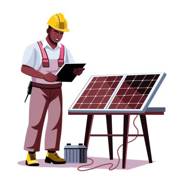 Güneş panellerini kontrol eden enerji mühendisi düz biçim illüstrasyonu 