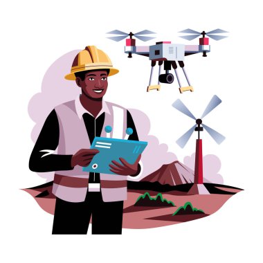 İnsansız hava aracı uçuran bir araştırmacının düz bir çizimi. 