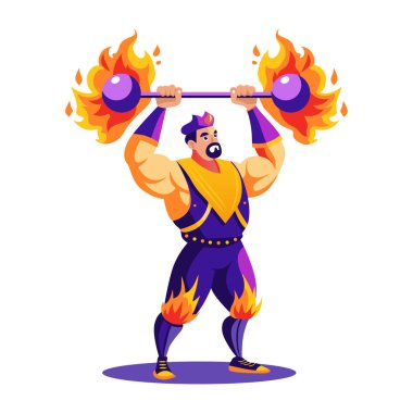Güçlü adam ateş dambıllarını düz bir şekilde kaldırıyor. 
