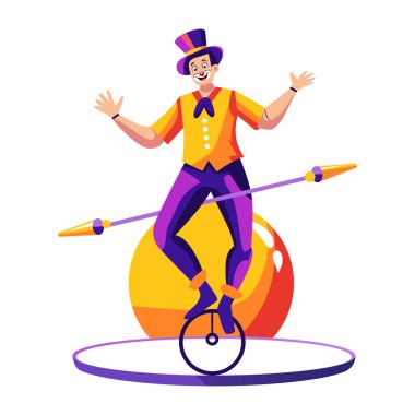 Tek tekerlekli bisiklete binen bir sirk karakterinin düz bir resmi. 