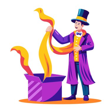 Sihirbaz karakterinin bir kutuyla sihirbazlık numarası gösteren düz bir çizimi. 