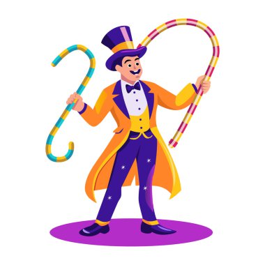 Sirk müdürü düz stil uzun çubuklarla numara yapıyor. 