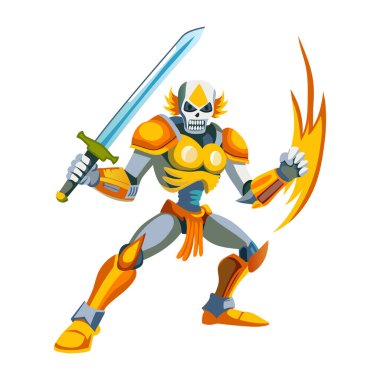 Elinde kılıç tutan bir kafatasının düz bir çizimi. 