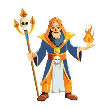 Karanlık bir büyücü karakterinin düz bir çizimi 