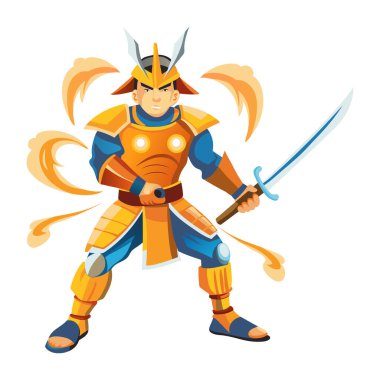 Parlak bir samuray karakterinin düz bir çizimi. 