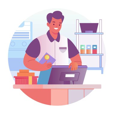 Kasanın üzerinde duran bir karakterin düz bir çizimi 