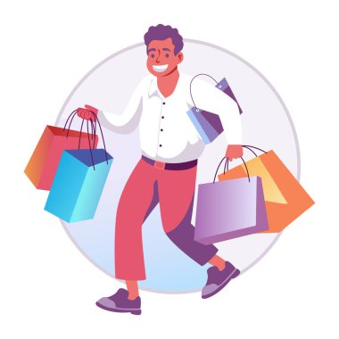 Birçok alışveriş çantası tutan bir karakterin düz bir çizimi. 