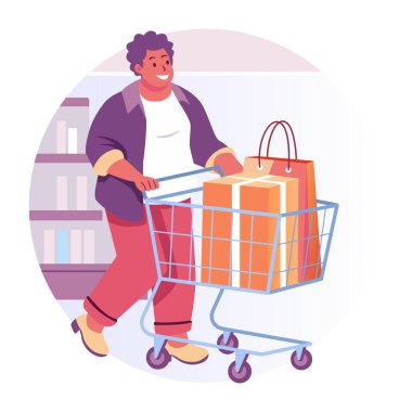 Alışveriş arabasıyla alışveriş yapan bir karakterin düz bir çizimi. 