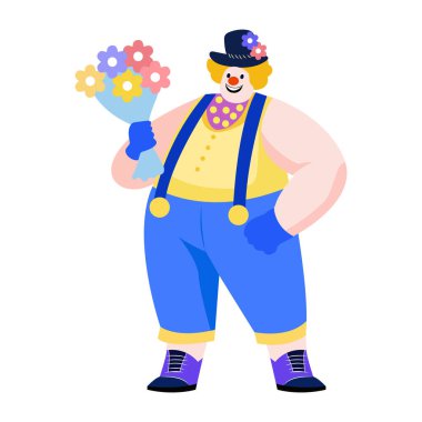 Elinde çiçek buketi olan komik bir palyaço. 