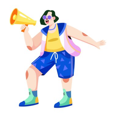 Hoparlörden anons yapan bir karakterin düz bir çizimi. 