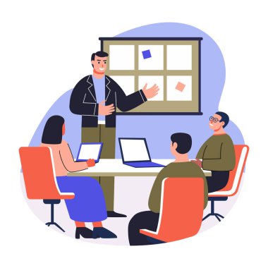 Takım arkadaşlarına sunum yaparken gösterilen düz bir illüstrasyon 