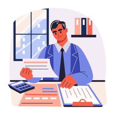 Raporlar üzerinde çalışan finans müdürü, düz illüstrasyon