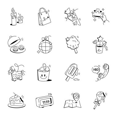 El Çizimi Doğum günü Dekorasyonu Simgeleri Paketi 