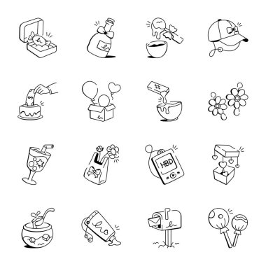 El Çizimi Doğum Günü Kutlama Simgeleri Seti 