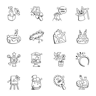 El Çizimi Doğum günü Aksesuarları Simgeleri 